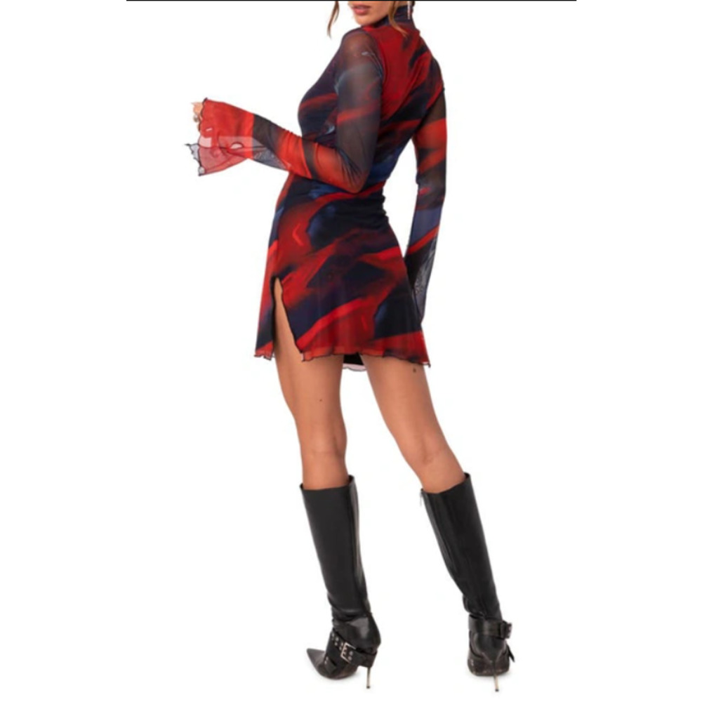 EDIKTED Sparks Fly Mesh Minidress Small Red Mock Neck Abstract NWOT - Picture 4 of 9